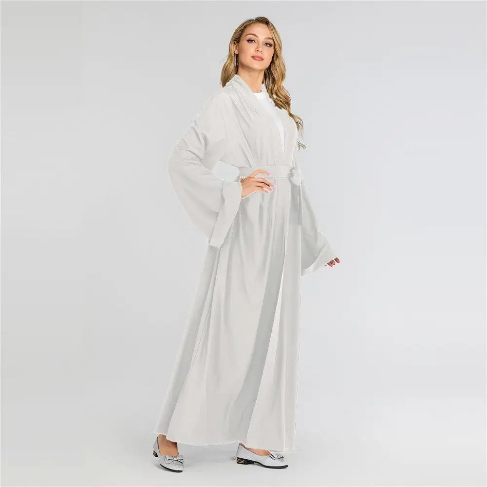 New Open Front Cardigan Dubai Kimono Abaya Maxi Dress Muslim For Women Solid Color Long Sleeve Arab Robe Gown Middle East Dress