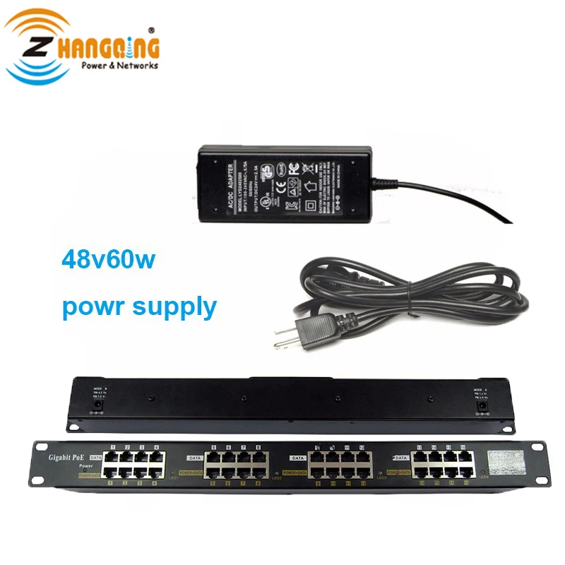Коммутационная панель Gigabit POE 16 портов 1U Инжектор с 48 вольт 60 ВАТТ питания для 802 3