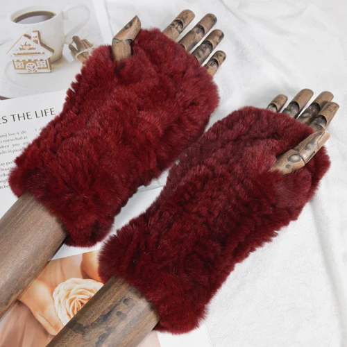 wine red Женские модные вязаные теплые Настоящий мех кролика перчатки зимние женские варежки из кроличьего меха натуральный мягкий Настоящий мех кролика перчатки - Цвет: wine red