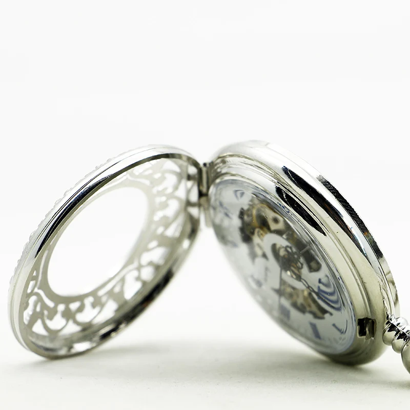 Silver Clamshell Hand Wind Mechanical Pocket Watch With Box Men Women Skeleton Gears Watch Gift
