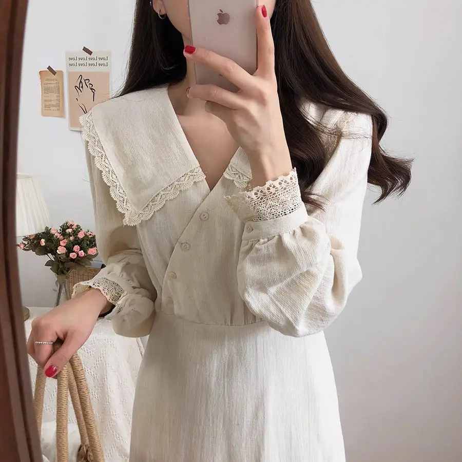 Коллекция года, Новое поступление, S-XL-весеннее кружевное платье для девочек, повседневное, бохо, OL, повседневное, синее, с длинным рукавом, женские платья, женское платье, брекеты, robe Femme Vestido