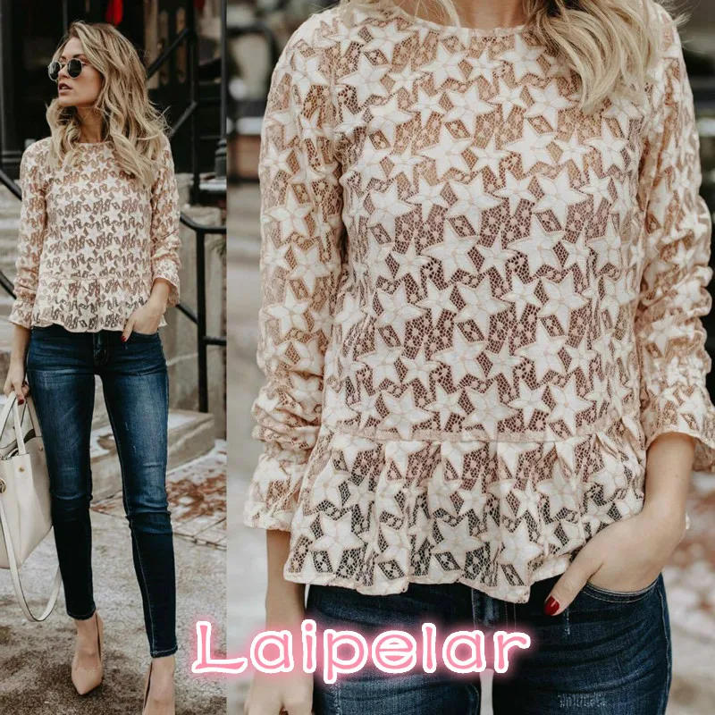

Fashion Womens Long Sleeve Loose T-shirt Casual Printed Star Hollowed Out Tops Apricot Red Black S-2XL Laipelar