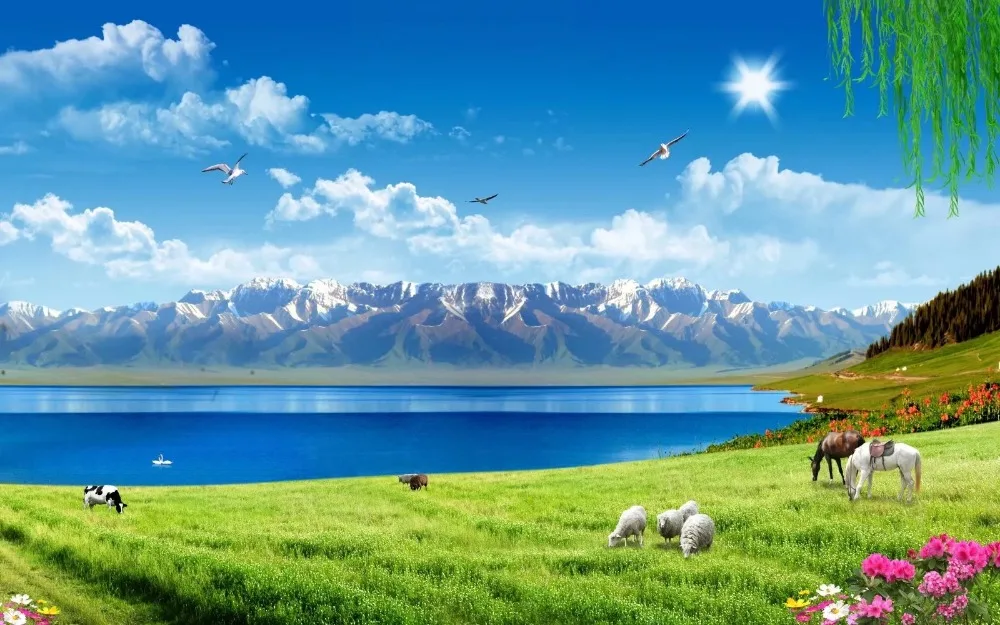 Пользовательские фото обои 3D красивый снег горы озеро зеленое ранчо пейзаж