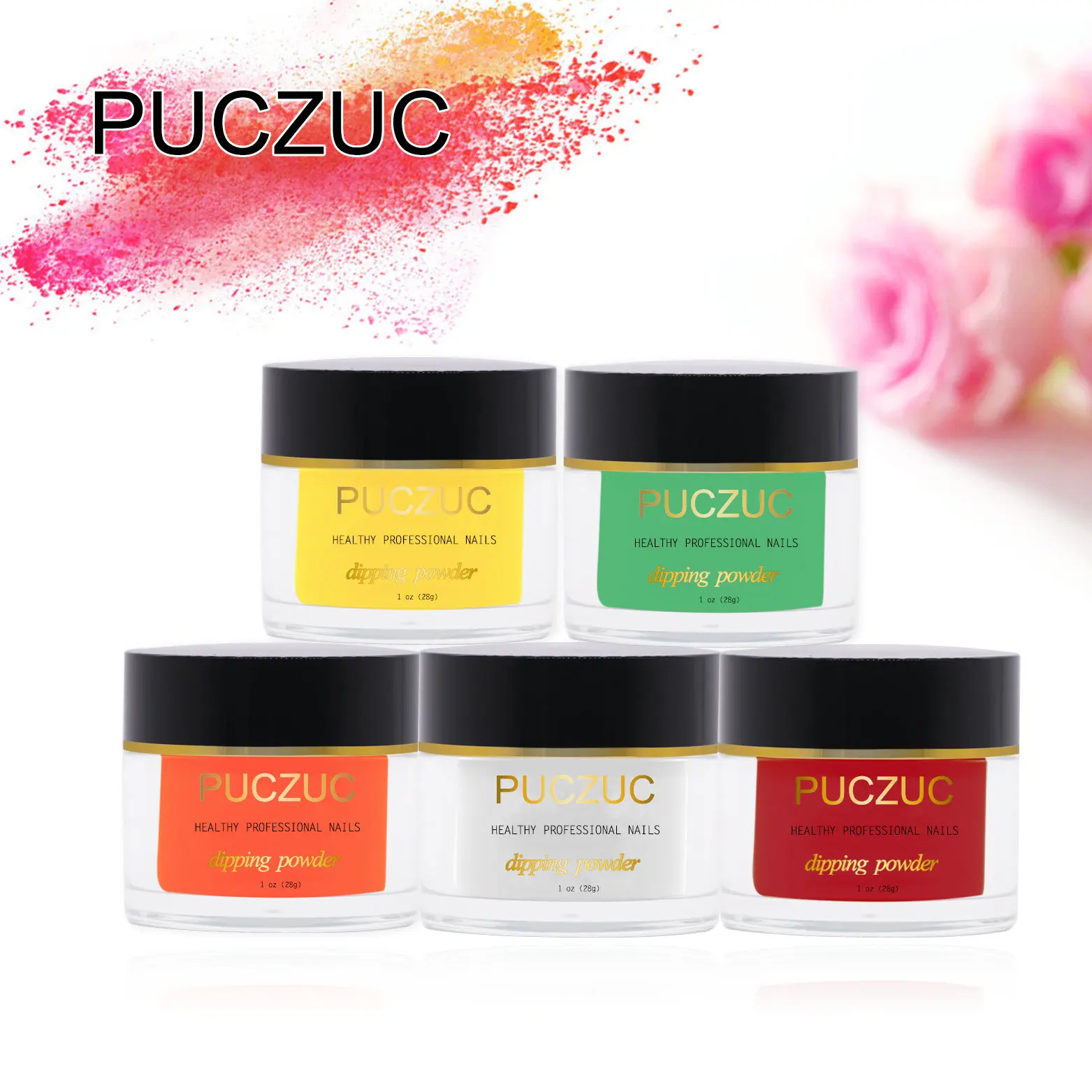 PUCZUC 1 OZ Full Set Dipping Powder Base Top Coat Kits DIY Dip Nail Powder Manicure Set Brush Saver Powder