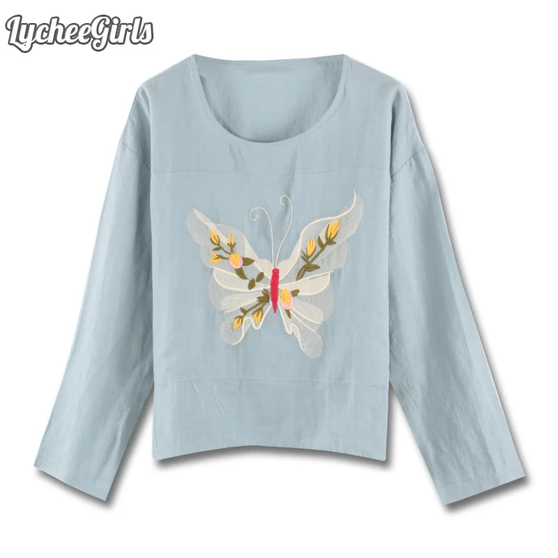 LycheeGirls весенне осенняя женская блузка с вышивкой бабочки Повседневная Свободная