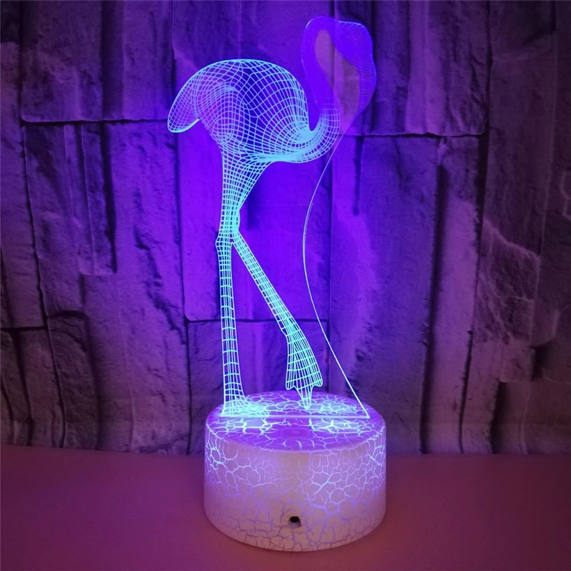 Творческий Фламинго 3D иллюзия ночник Новый трещина база USB 7 цветов мигающий