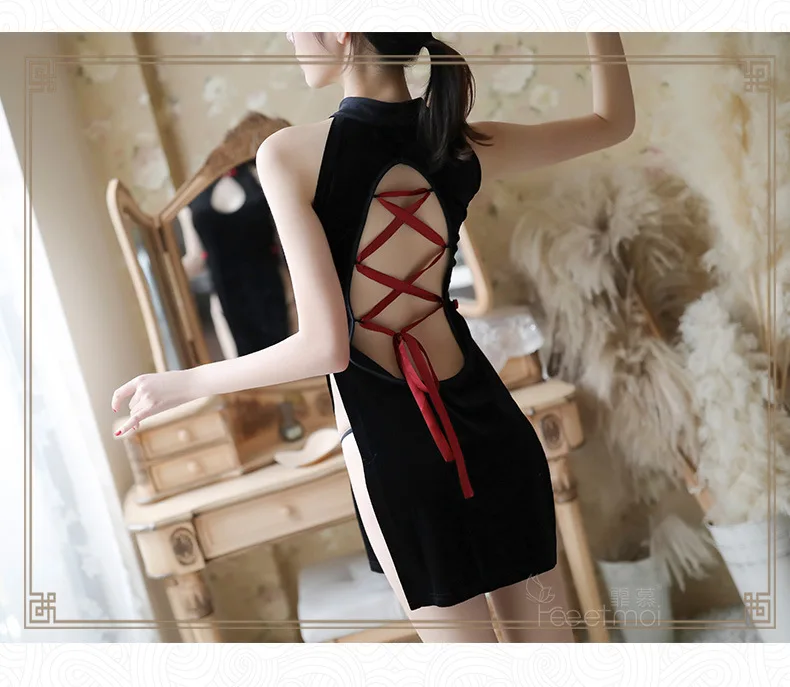 Китайское мини-платье Cheongsam Qi Pao, сексуальное эротическое нижнее белье, женское велюровое платье Qipao с вырезами, Платья для вечеринок