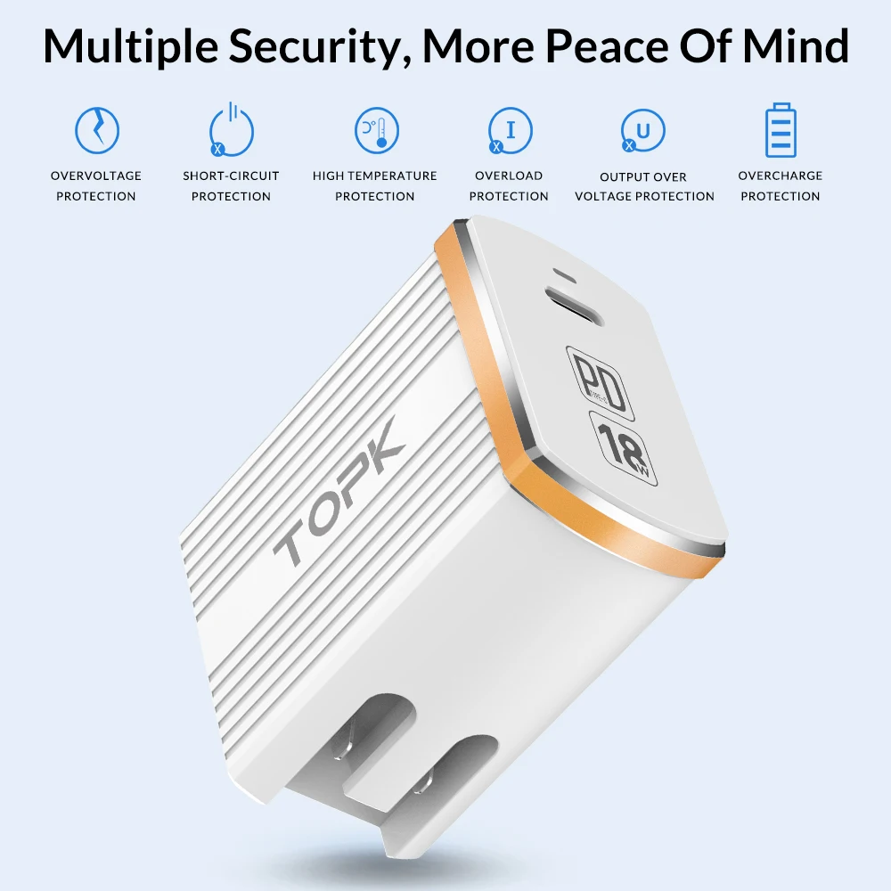 TOPK B135P 18 Вт Тип C PD Быстрая зарядка USB зарядное устройство для samsung Galaxy S9 S8 Plus EU/UK