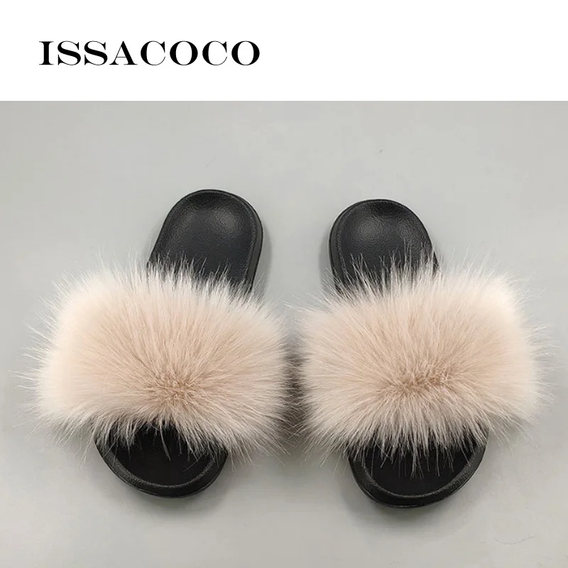 White ISSACOCO/зимние женские меховые тапочки; домашняя меховая обувь; теплые женские шлепанцы с лисьим мехом; Вьетнамки; пушистые сандалии - Цвет: White