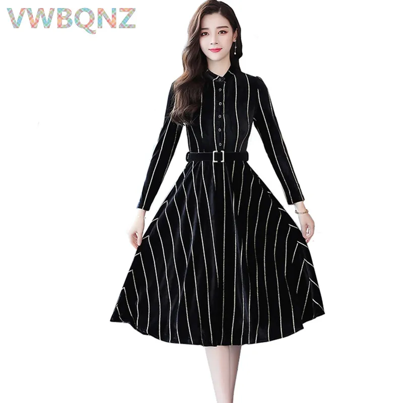 

Fashion Women Striped Gold velvet Dress Spring autumn Long sleeve Slim Belt Dress Plus size Single-breasted Female A-line Dress