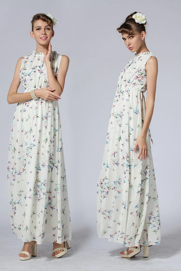 2015 Summer Style Black White Pleated Maxi Robe O-neck Tank Loose Print Floral Women Beach Chiffon Vestidos Long Bohemian Dress | Женская