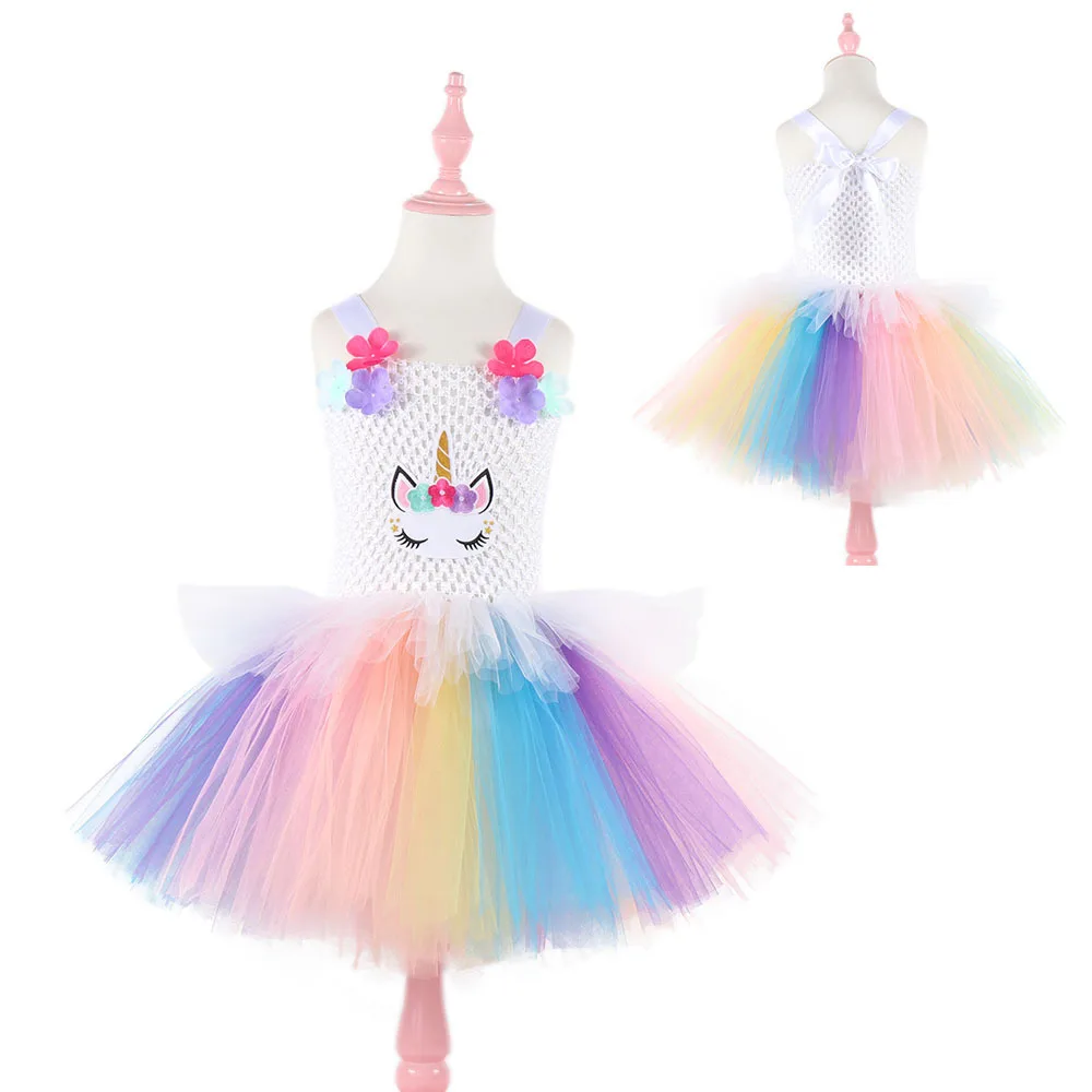 

Flower Girls Unicorn Tutu Dress Pastel Rainbow Princess Girls Birthday Party Dress Children Kids Halloween Unicorn Costume 1-14y