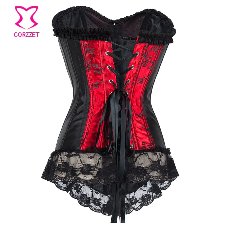 Красный и черный атласный жаккардовый корсет с подтяжками сексуальный корсетный