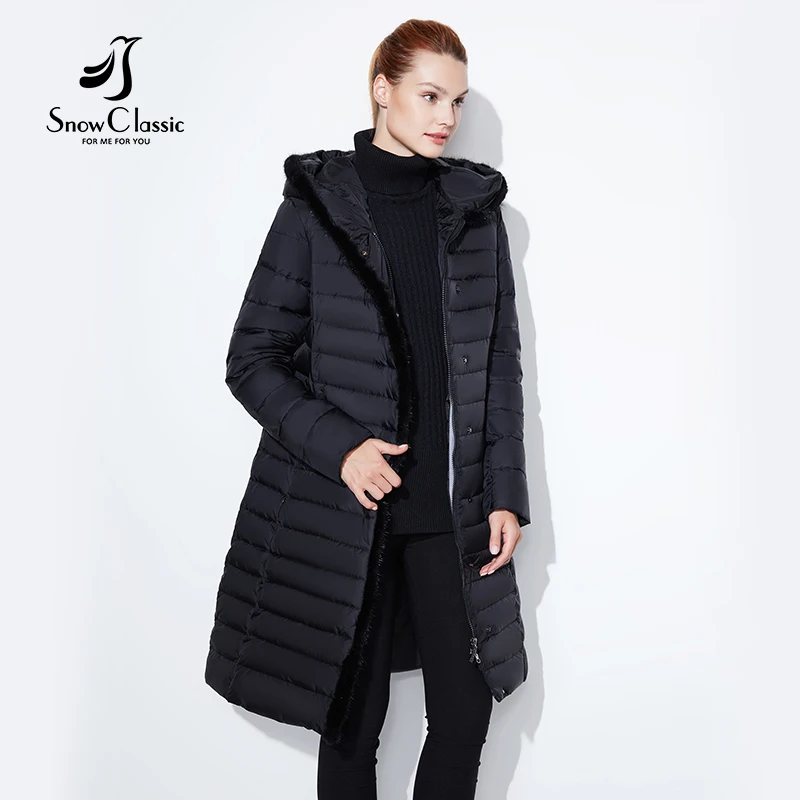 SnowClassic жакет женщин теплый зимний длинный пальто мода весна outwear сплошной тонкий толстый куртка передний край лиса меховой воротник