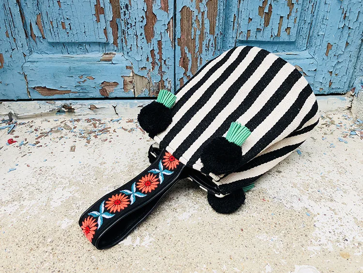 LilyHood Striped Canvas Shoulder Bag Female Cute Sweet Kawaii Black and White Striped Pom Pom Bucket Top Handle Crossbody Bag