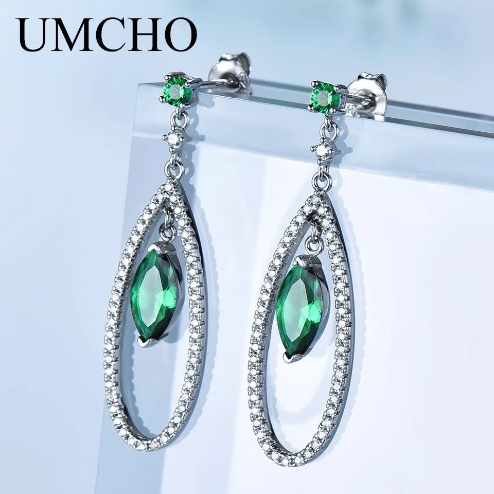 

UMCHO Solid Silver 925 Jewelry Marquise Created Nano Emerald Drop Earrings For Women Anniversary Birthday Gift Fine Jewelry