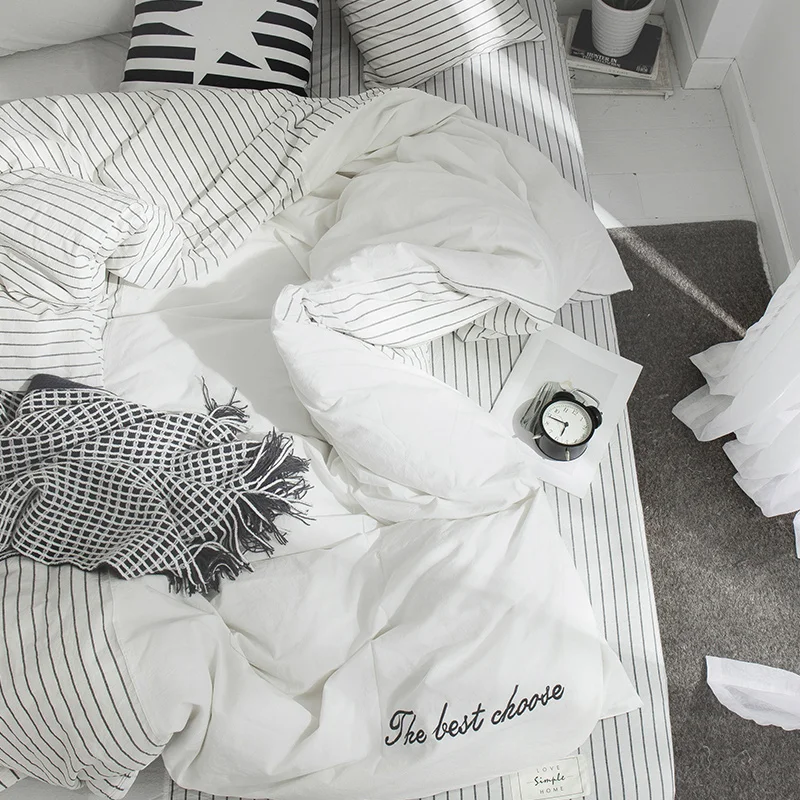 Luxury Cotton Duvet Cover 220x240cm Size Solid Color Quilt Cover White Stitching Stripe Pattern Quilt Cover Only Bedding Set