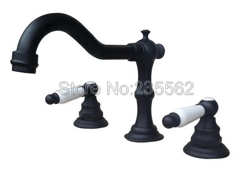 

Black Oil Antique Brass Dual Ceramic Handle Bathroom Basin and Sink Mixer Faucet 3 Hole Deck Mounted Widespread Taps lnf088