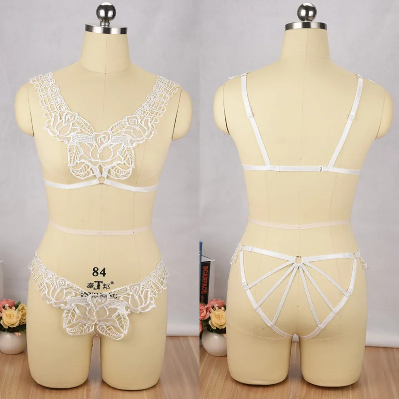 Сексуальный кружевной комплект белый/черный бюстгальтер с открытой грудью +