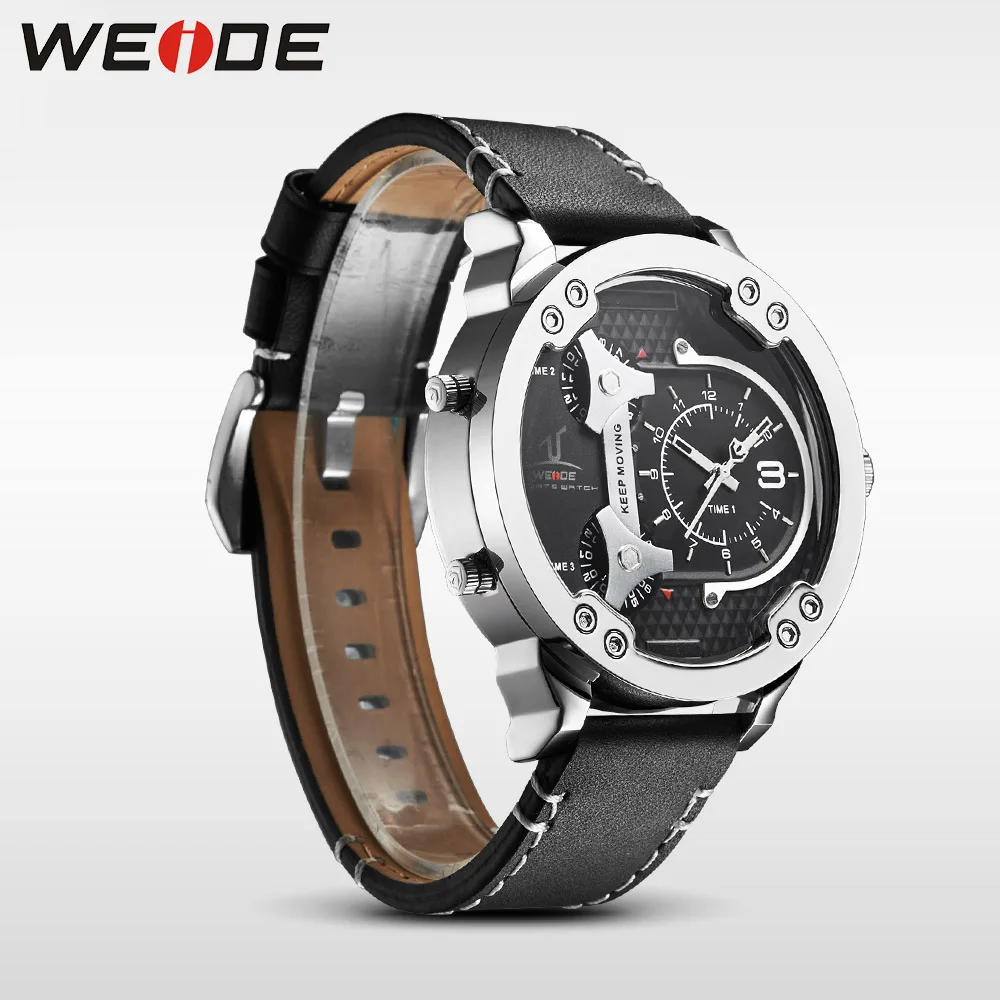 WEIDE Наручные Часы Мужские Спортивные Из Нержавеющей Стали Люкс Стильные Кварцевые Черный Кожаный Ремешок