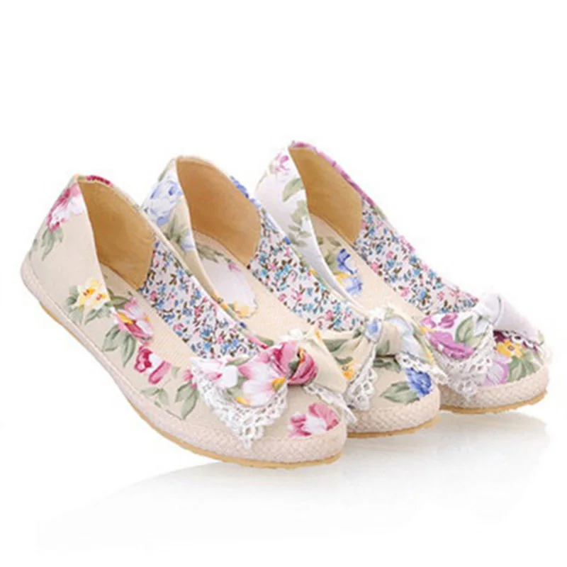 

Sweet style comfortable round head canvas shoes fashion flower bowknot red blue purple slip-on flat with women's shoes big size