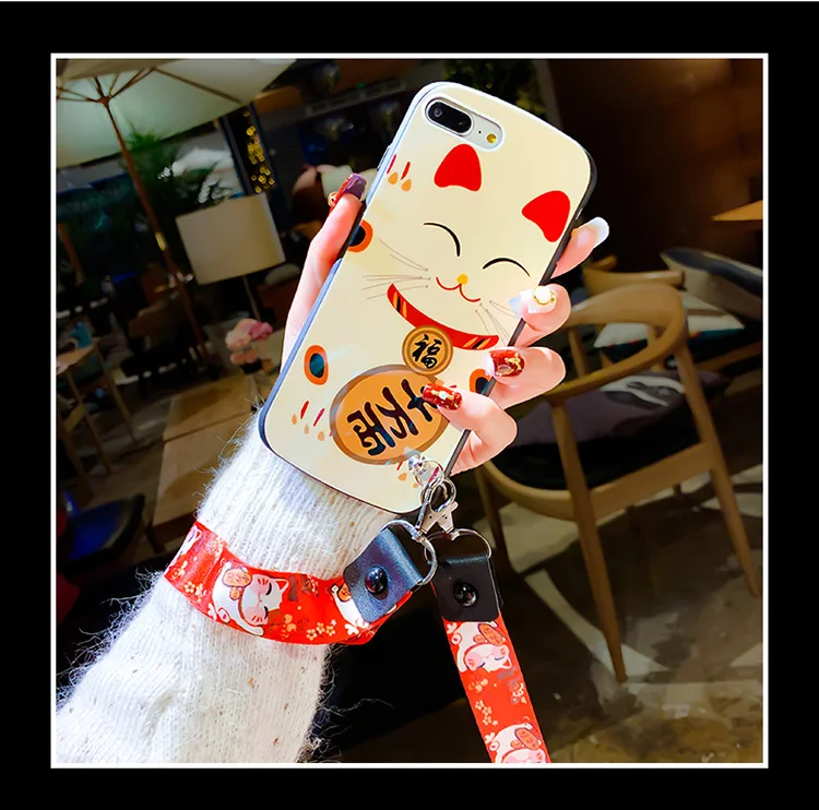 For iphone 11 Pro Fortune Cat Shield Case Lucky Soft cover XS max X XR 6 6s 6sp 7 8 plus Maneki Neko +straps |