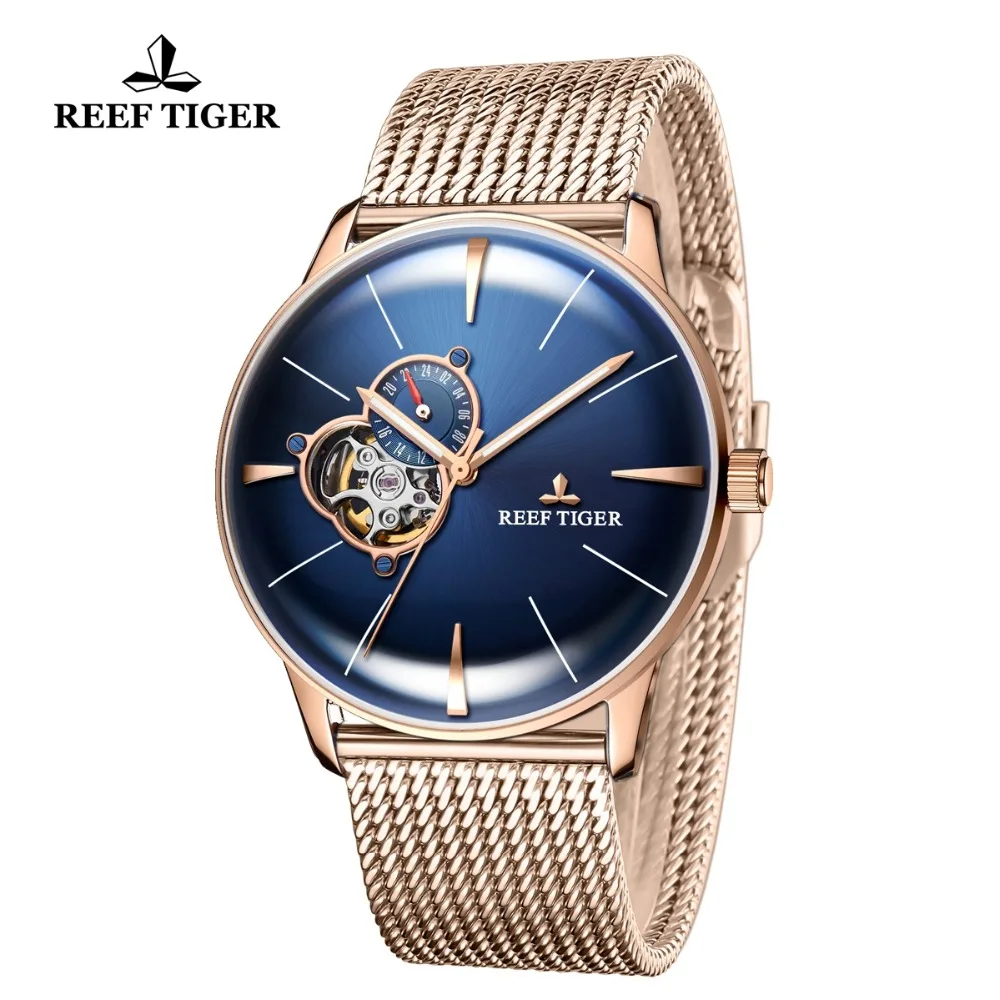 Reef Tiger/RT Топ бренд Luxruy часы для мужчин розовое золото синий автоматические