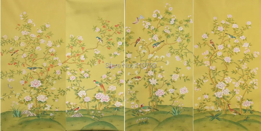 Ручная роспись шелковые обои Рисование дерево с птицами и пионами цветы ручная