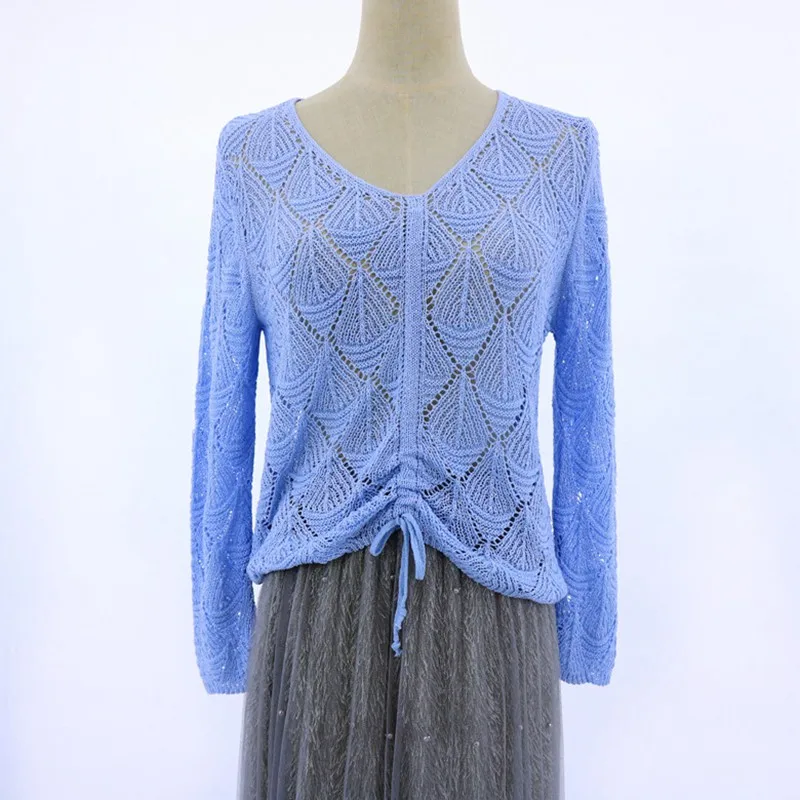 GIGOGOU Spring Summer Autumn Women Sweater V Neck Hollow-out Pullovers Drawstring Long Sleeve Crop Top Knit Lurex Jumper Female | Женская