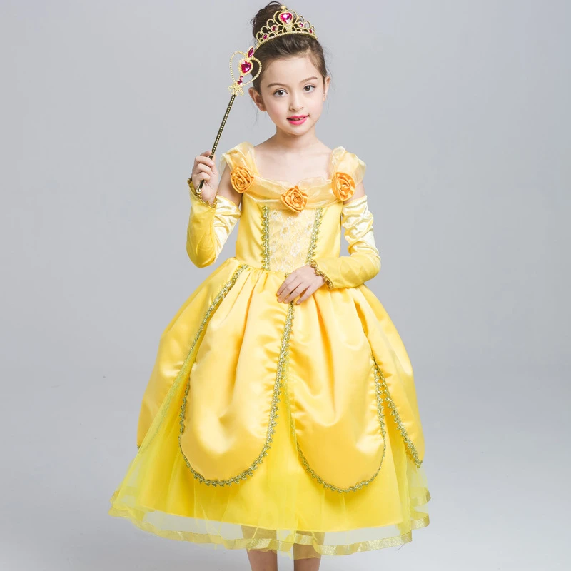 

ABGMEDR Brand New Princess Belle Dress Girls Dresses 2018 Children New Year Clothing Monsoon Kids Party Dress Yellow Vestido