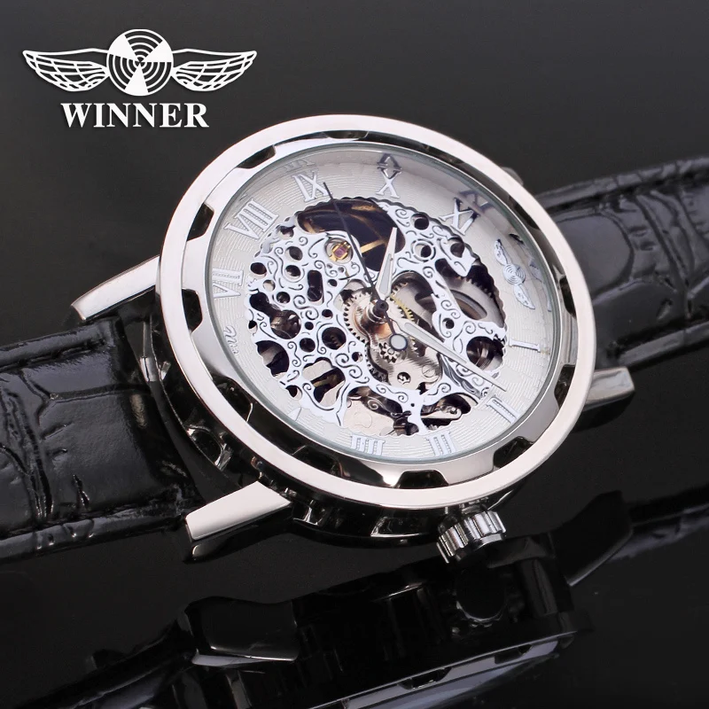 Winner Men's Watch Mechanical Movt Transparent Crystal Leather Strap Stylish Analog Fashion Wristwatch Color White WRG8008M3S1 | Наручные