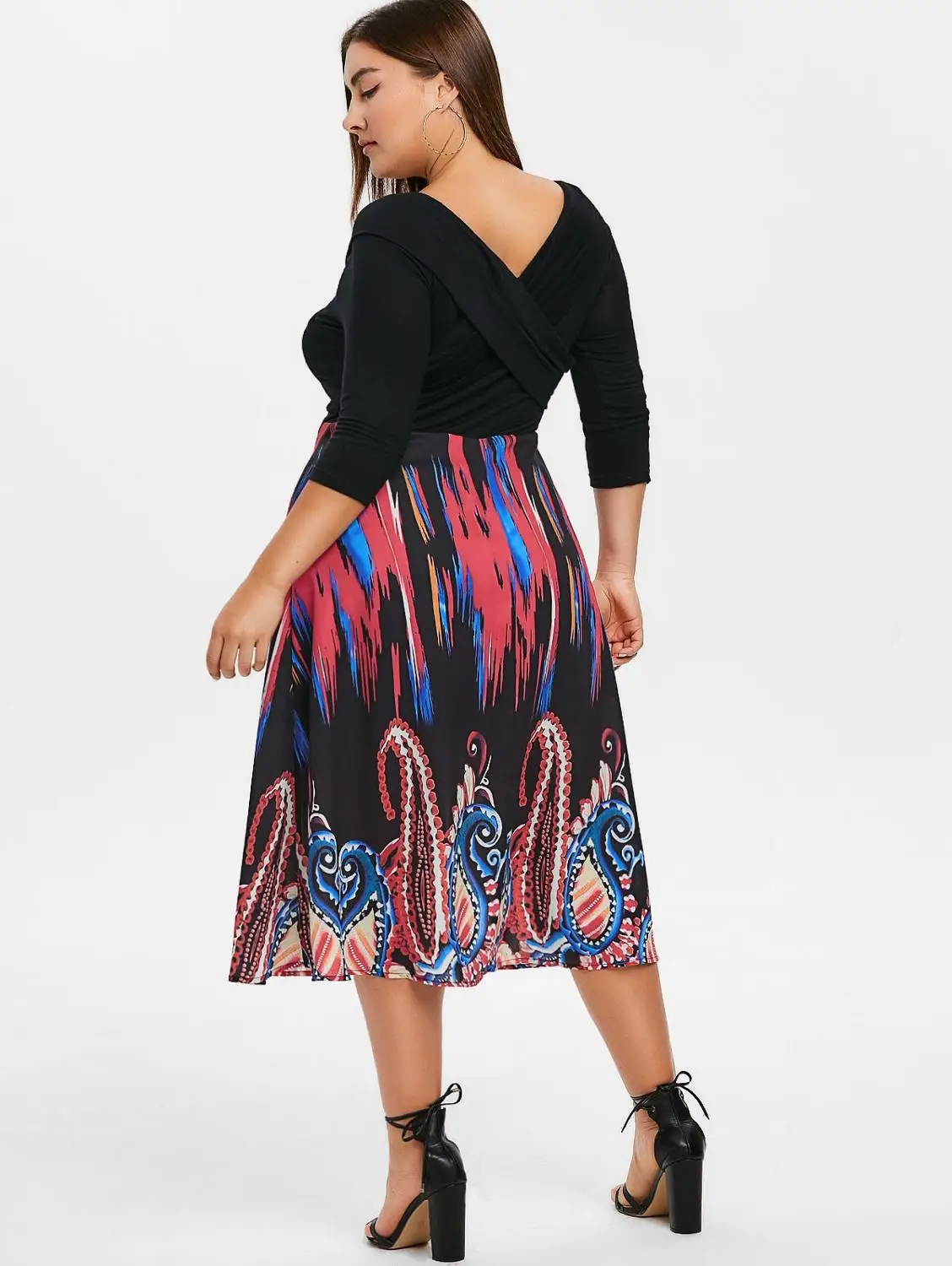 Плюс размер крест накрест этнический принт миди платье для женщин v образный