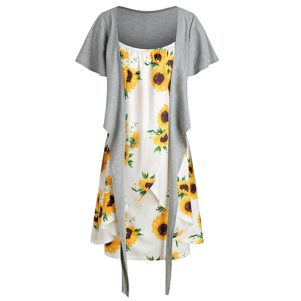 New women's short sleeved Bow Tie Blouse Sunflower Print Dress Suit Fashion Summer Girl Comfortable Dresses Casual|Женские платья| |