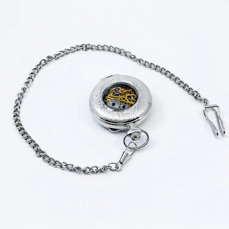 Silver Mechanical Pocket Watch for Men Gifts Fob Chains Skeleton Steampunk Hand-Winding Mechanical Watch PJX1248