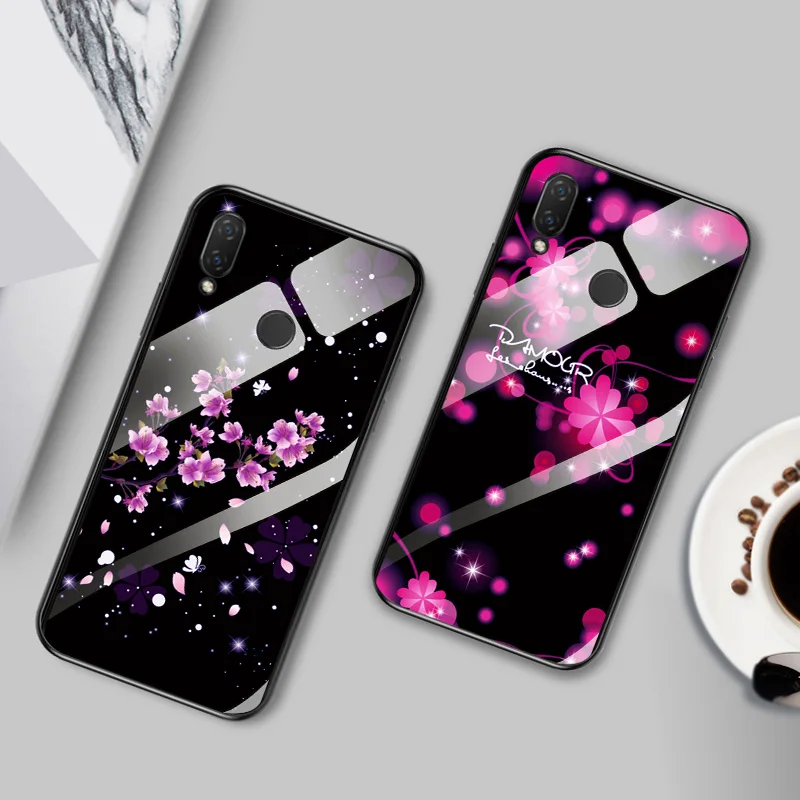 Чехол из закаленного стекла для huawei Nova 3e Flowers чехол 4e мягкая задняя крышка чехлы