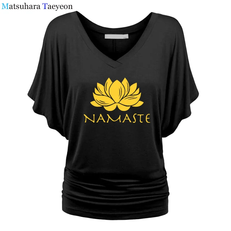 Модная женская одежда, футболка с принтом Namaste, женская футболка с рукавом «летучая мышь», женские топы, одежда, футболка, брендовая одежда для девочек - Цвет: 2