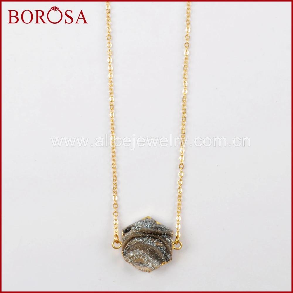 

BOROSA Design 5/10PCS 16" Gold Color Hexagon Rainbow Titanium Galaxy Druzy Quartz Connector Necklace Jewelry for Women G1618-N