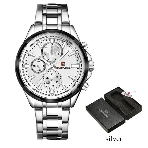 Silver White Мужские водонепроницаемые спортивные часы NAVIFORCE 30 м, мужские кварцевые часы из нержавеющей стали с 24 часами даты, недели, месяца, Relogio Feminino - Цвет: Silver White