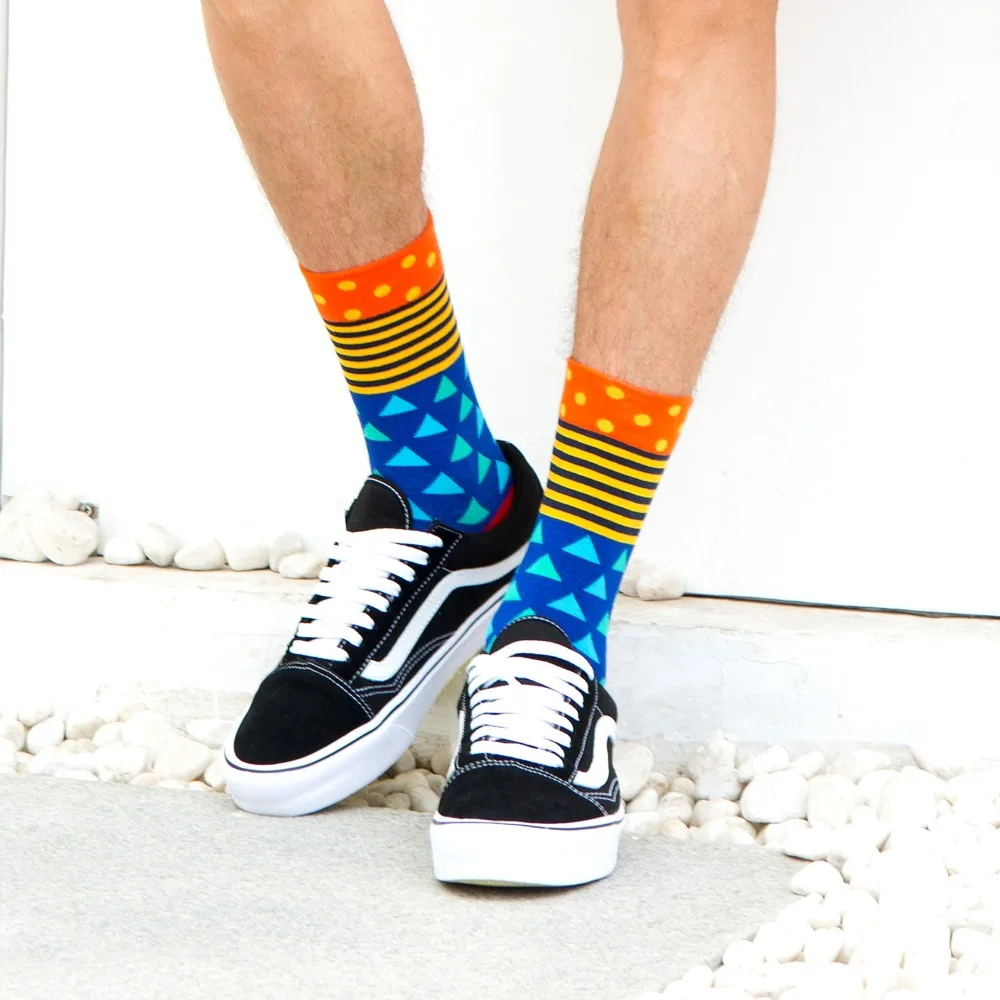 SANZETTI Men's Colorful Combed Cotton Happy Novelty Socks Hip Hop High Quality Skateboard Plaid Geometric Funny Socks For Gifts