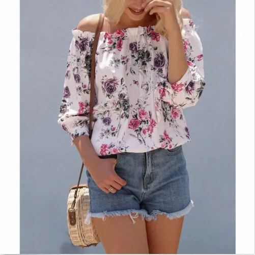2019 Summer Women Lady Blouse Off Shoulder Ruffle Tops Long Sleeve Floral Print Shirt Loose Casual Fashion Clothing | Женская одежда