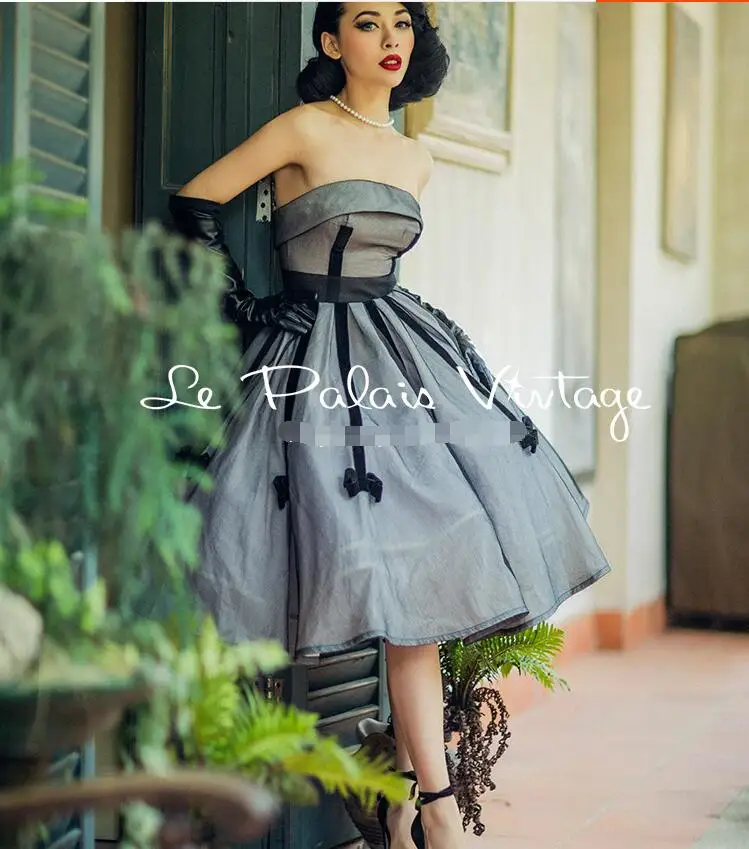 Винтажное платье с бантом 1950 классическое бальное бандо серебристого и серого