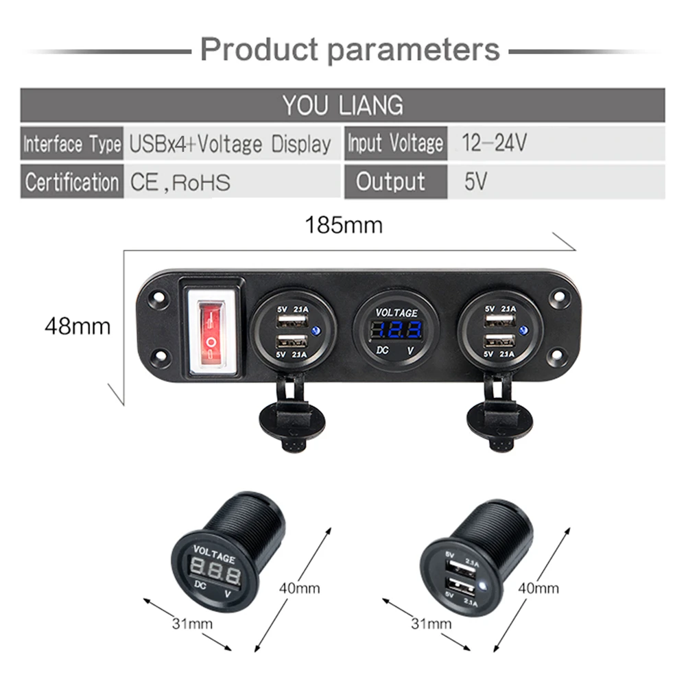 

2X Dual USB Socket Charger 5V 2.1A ON-OFF Toggle Switch 4 in 1 for Car Boat Marine Truck Camper Vehicle LED