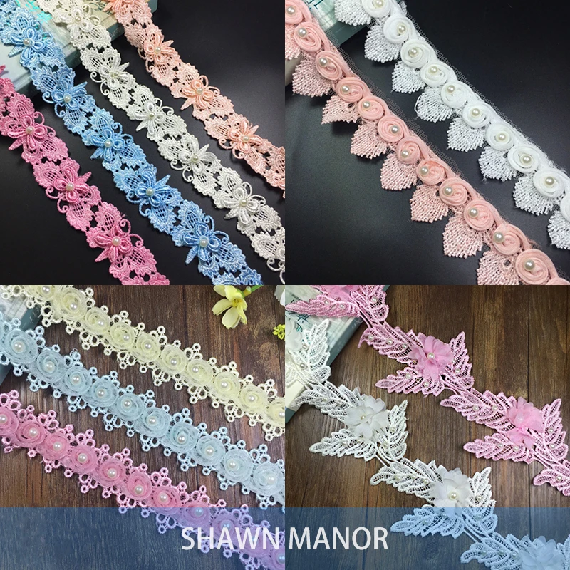3D Water Soluble Embroidered Lace Trim Beaded Pearl Ribbon For DIY Sewing Dress Cloth Accessories 1Yard | Дом и сад