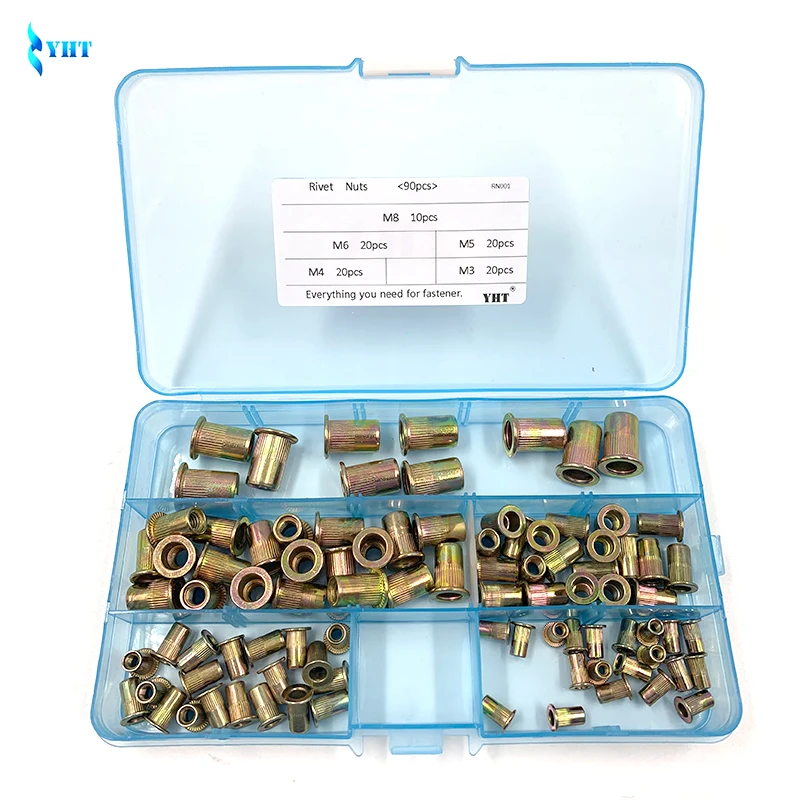 

90Pcs/set M3 M4 M5 M6 M8 Zinc Plated Knurled Nuts Rivnut Flat Head Threaded Rivet Insert Nutsert Cap Rivet Nut Assortment RN001