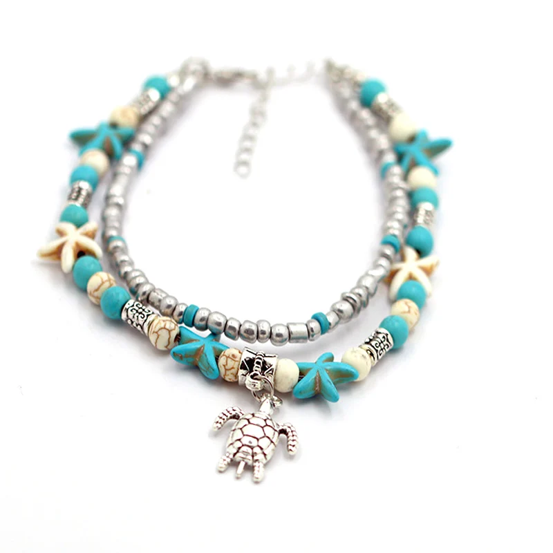 Женский многослойный браслет на ногу с бусинами в виде черепахи и морской звезды