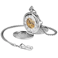 silver smooth case vintage roman number hand wind mechanical pocket watch double open hunter case fob watches men women gift