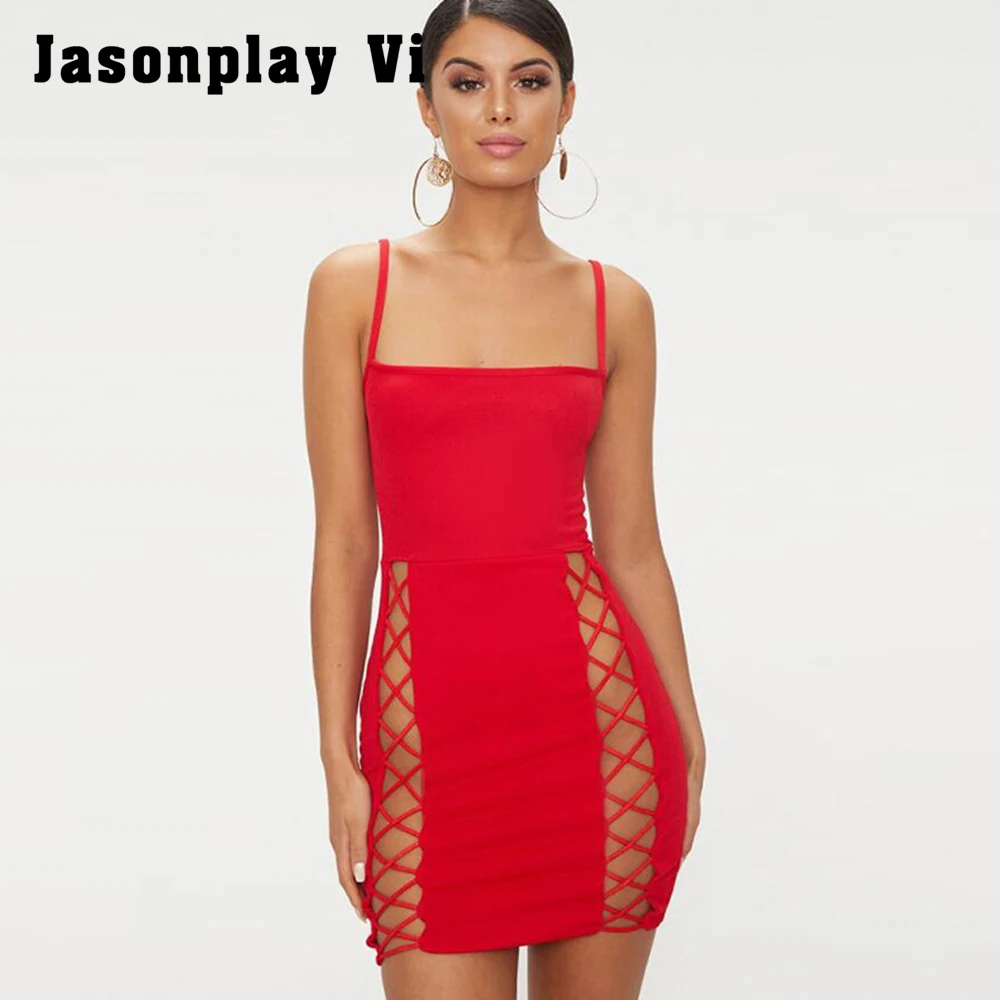 Jasonplay VI модные бретели рукавов Sexy Тонкий Bodycon платье вырезами сбоку вечерние