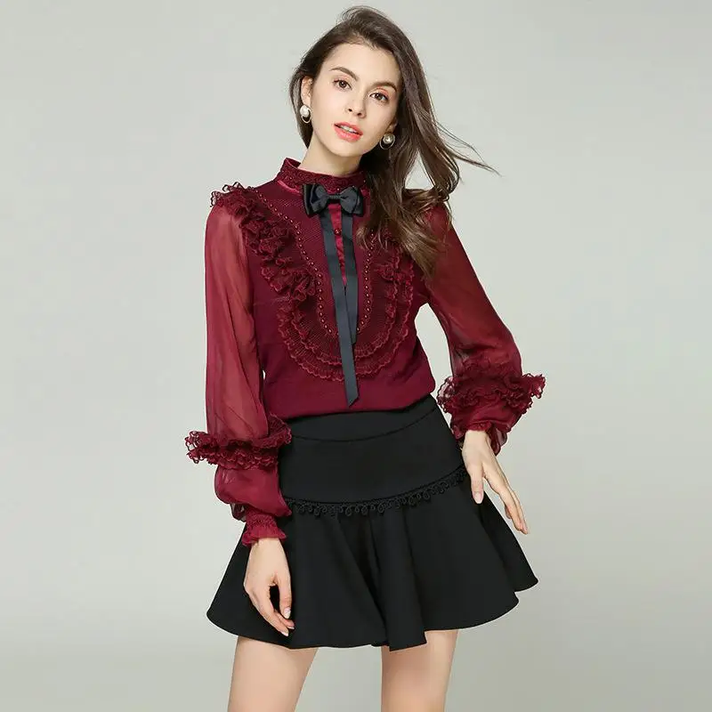 Высококачественный вязаный Свитера с оборками осень зима плиссированные оборки длинный рукав фонарь благородный бордовый белый черный пуловеры - Цвет: Wine Red