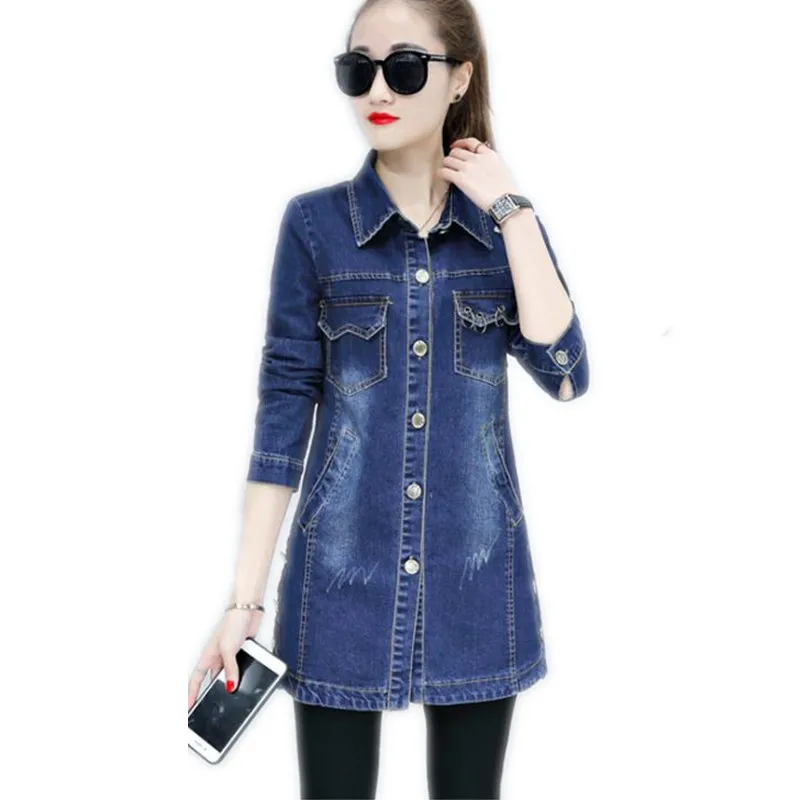 

New Arrival Women Spring Autumn Medium-Long Denim Coat 2018 Fashion Streetwear Turn-Down Collar Women Denim Jacket Thin Q100