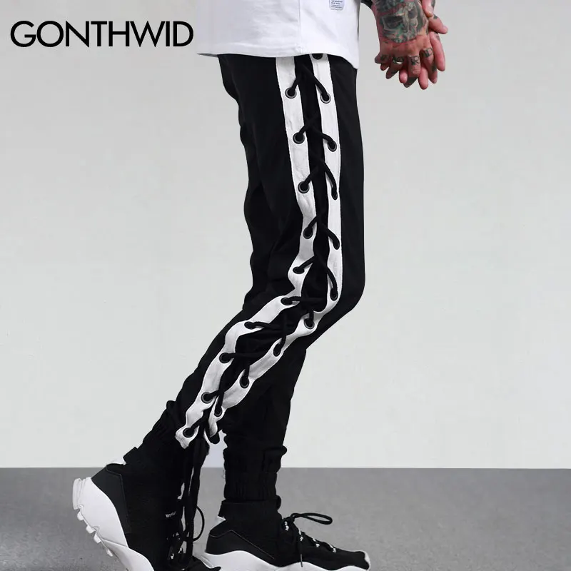 GONTHWID сбоку крест кружево до джоггеры брюки для девочек мужские осень 2017 г. шнурок
